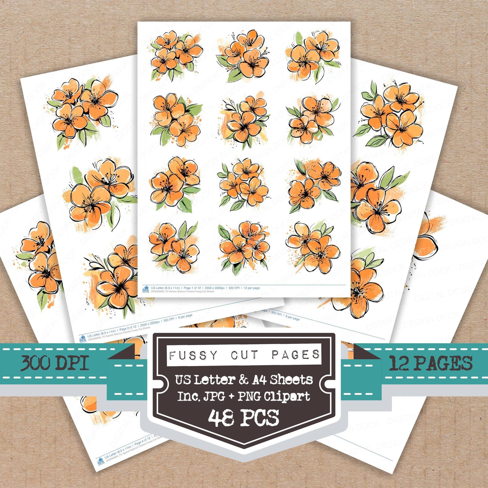Apricot Abstract Flowers fussy cut printable sheets for junk journaling, scrapbooking, and paper craft projects