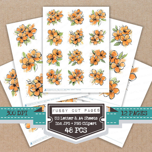 Apricot Abstract Flowers fussy cut printable sheets for junk journaling, scrapbooking, and paper craft projects