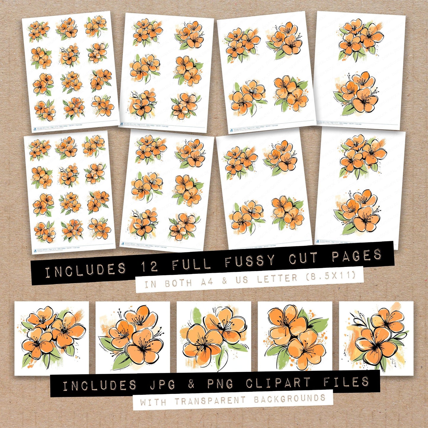 Full collection view of Apricot Abstract Flowers fussy cut sheets with bonus clipart JPG and PNG files