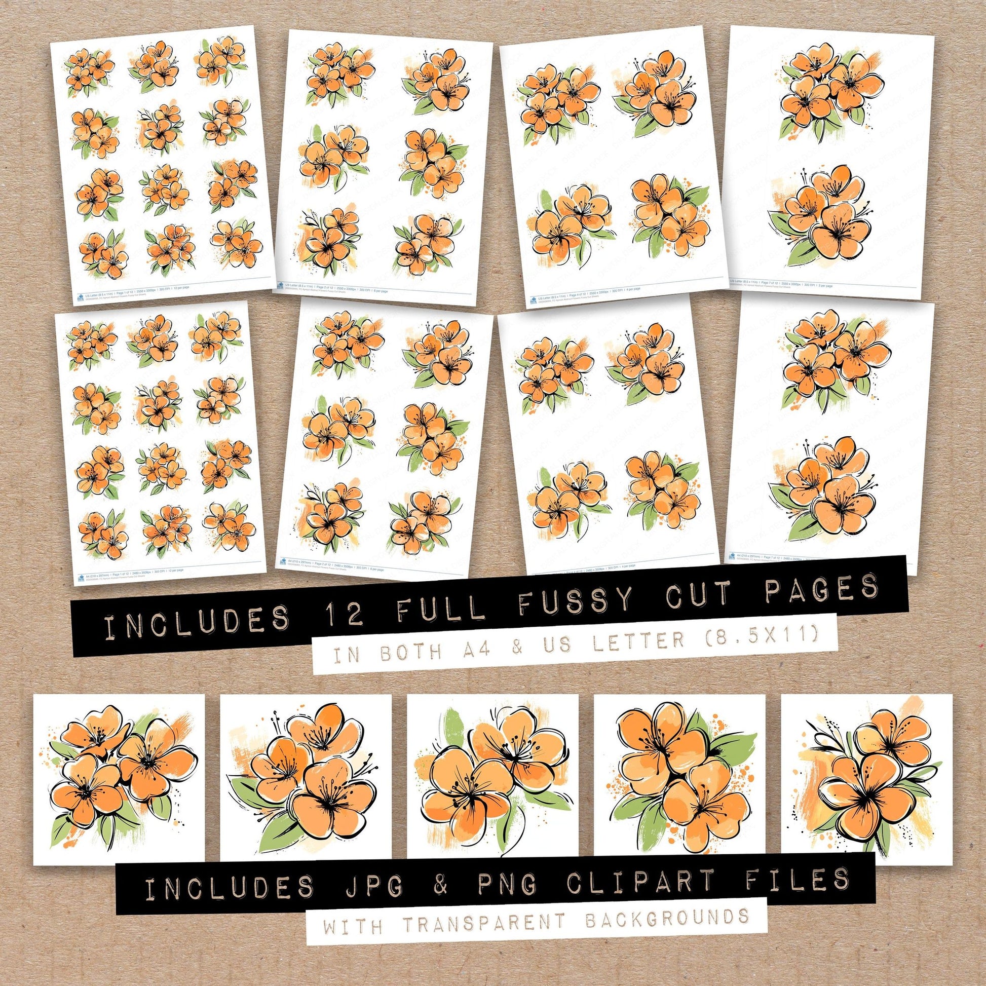 Full collection view of Apricot Abstract Flowers fussy cut sheets with bonus clipart JPG and PNG files