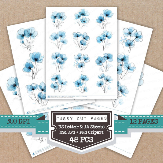 Aqua Blue Abstract Flowers fussy cut printable sheets for junk journaling, scrapbooking, and paper craft projects