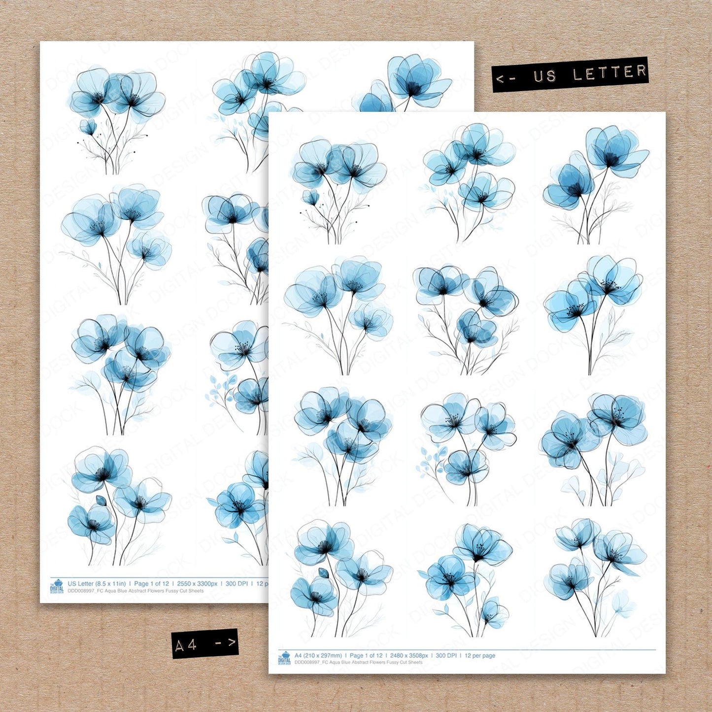 A4 and US Letter format comparison showing Aqua Blue Abstract Flowers fussy cut pages for print and cut crafting