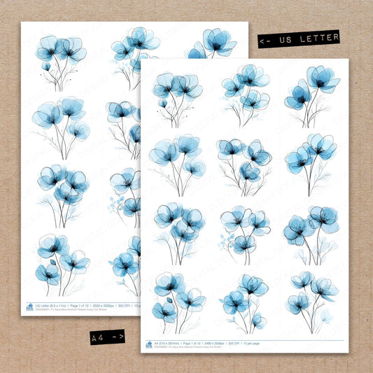 A4 and US Letter format comparison showing Aqua Blue Abstract Flowers fussy cut pages for print and cut crafting