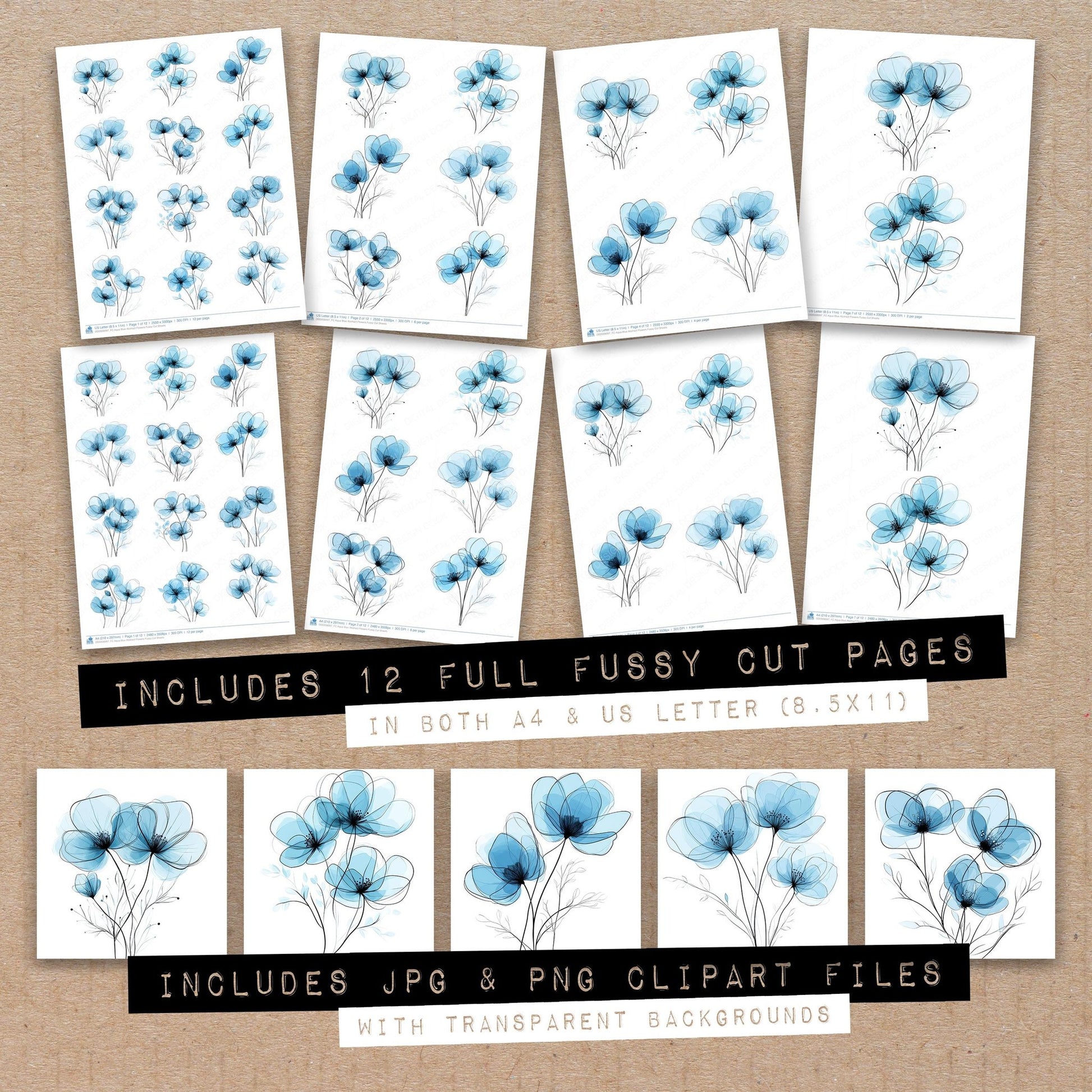 Full collection view of Aqua Blue Abstract Flowers fussy cut sheets with bonus clipart JPG and PNG files