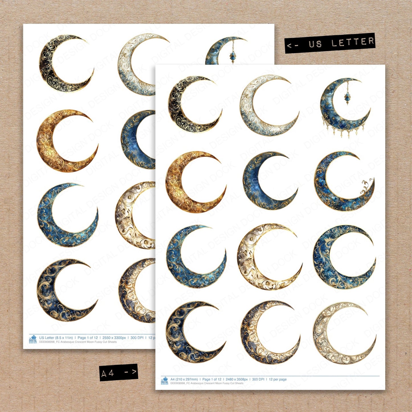 A4 and US Letter format comparison showing Arabesque Crescent Moon fussy cut pages for print and cut crafting