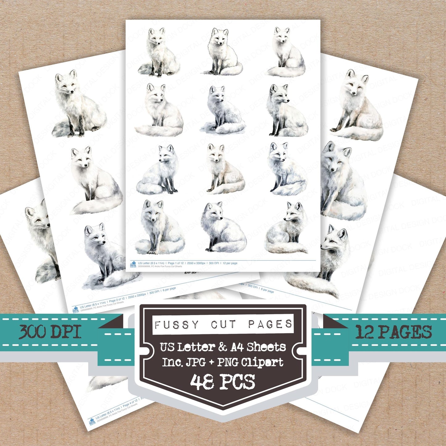 Arctic Fox fussy cut printable sheets for junk journaling, scrapbooking, and paper craft projects