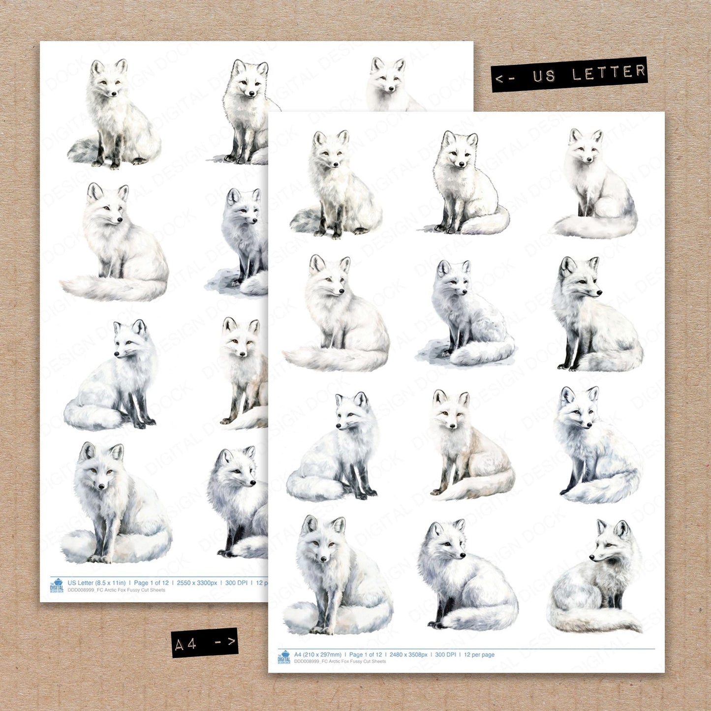 A4 and US Letter format comparison showing Arctic Fox fussy cut pages for print and cut crafting