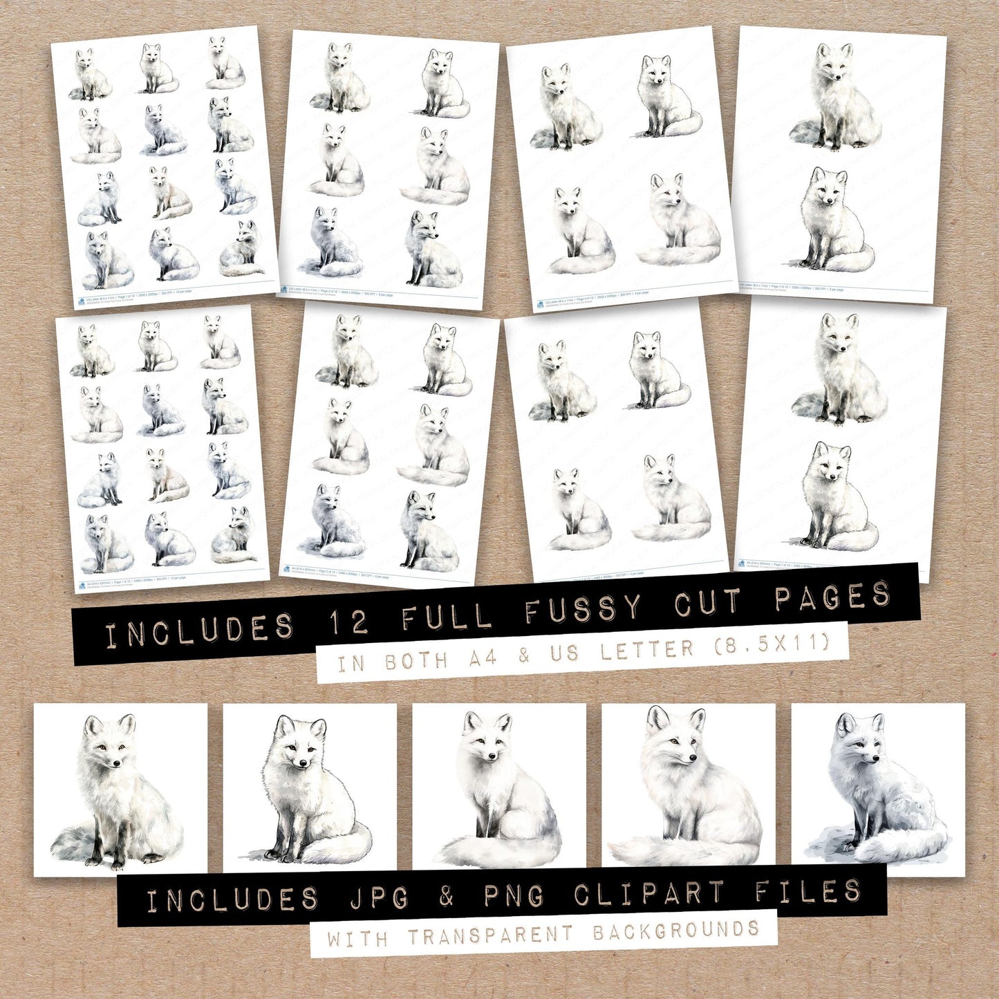 Full collection view of Arctic Fox fussy cut sheets with bonus clipart JPG and PNG files