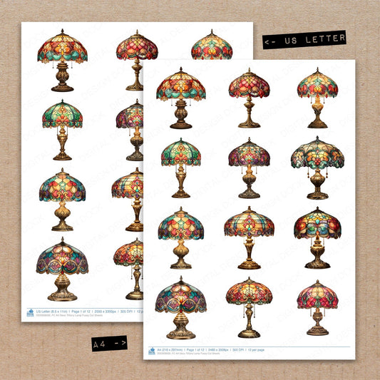 A4 and US Letter format comparison showing Art Deco Tiffany Lamp fussy cut pages for print and cut crafting