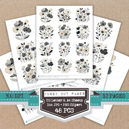 Ash Grey Abstract Flowers Fussy Cut Sheets (DDD009002)