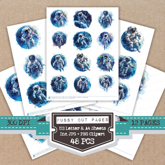 Astronaut Floating in Space fussy cut printable sheets for junk journaling, scrapbooking, and paper craft projects