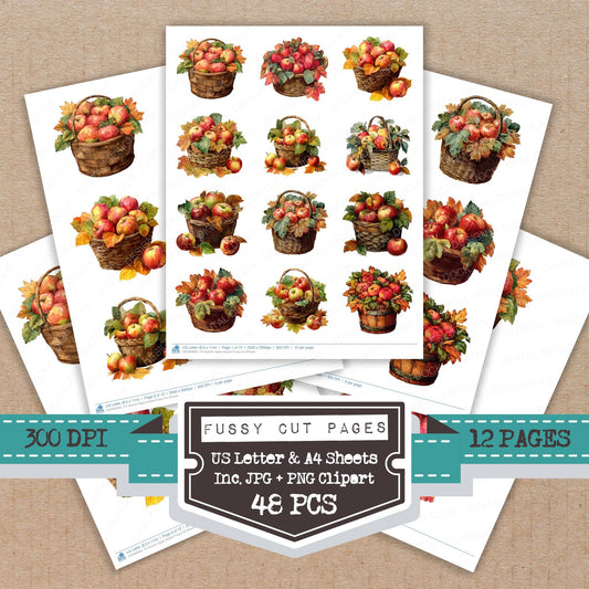 Autumn Apple Basket fussy cut printable sheets for junk journaling, scrapbooking, and paper craft projects