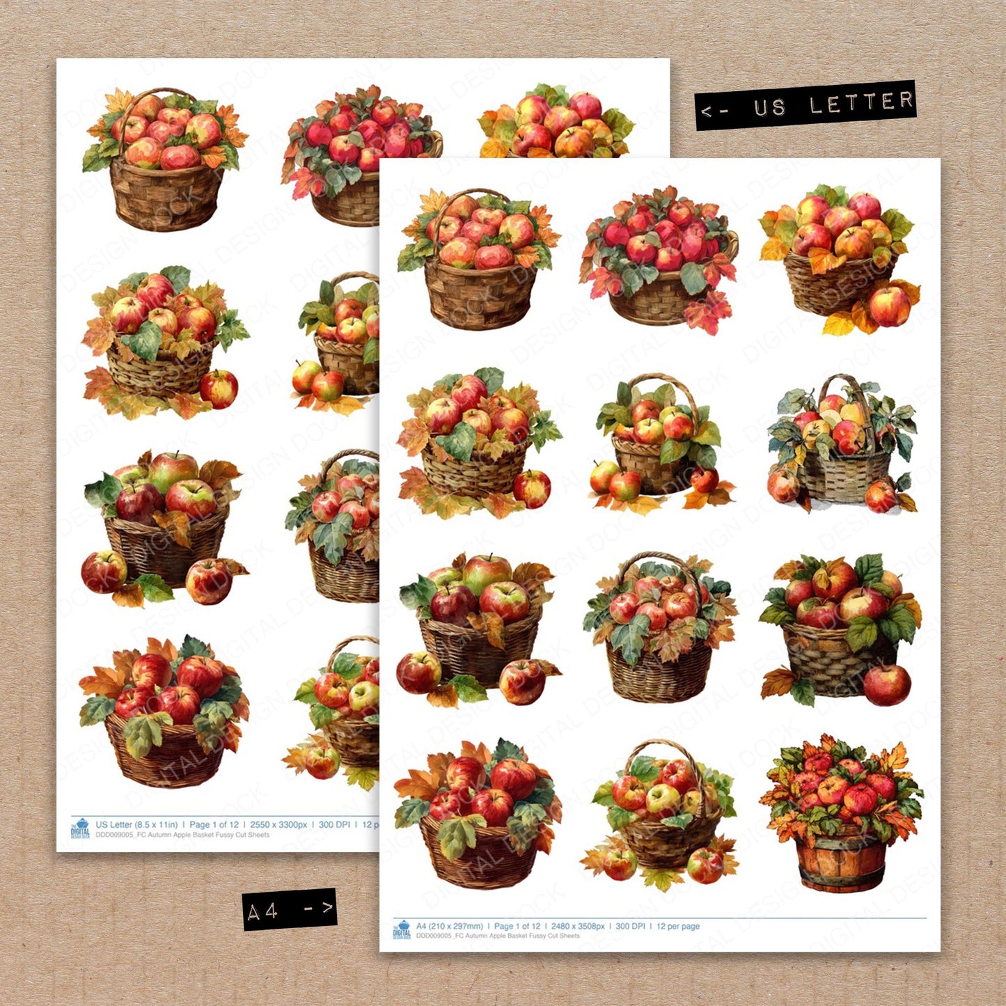 A4 and US Letter format comparison showing Autumn Apple Basket fussy cut pages for print and cut crafting