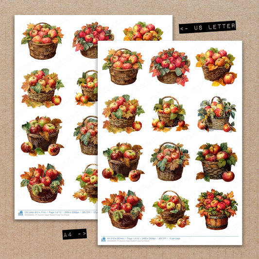A4 and US Letter format comparison showing Autumn Apple Basket fussy cut pages for print and cut crafting