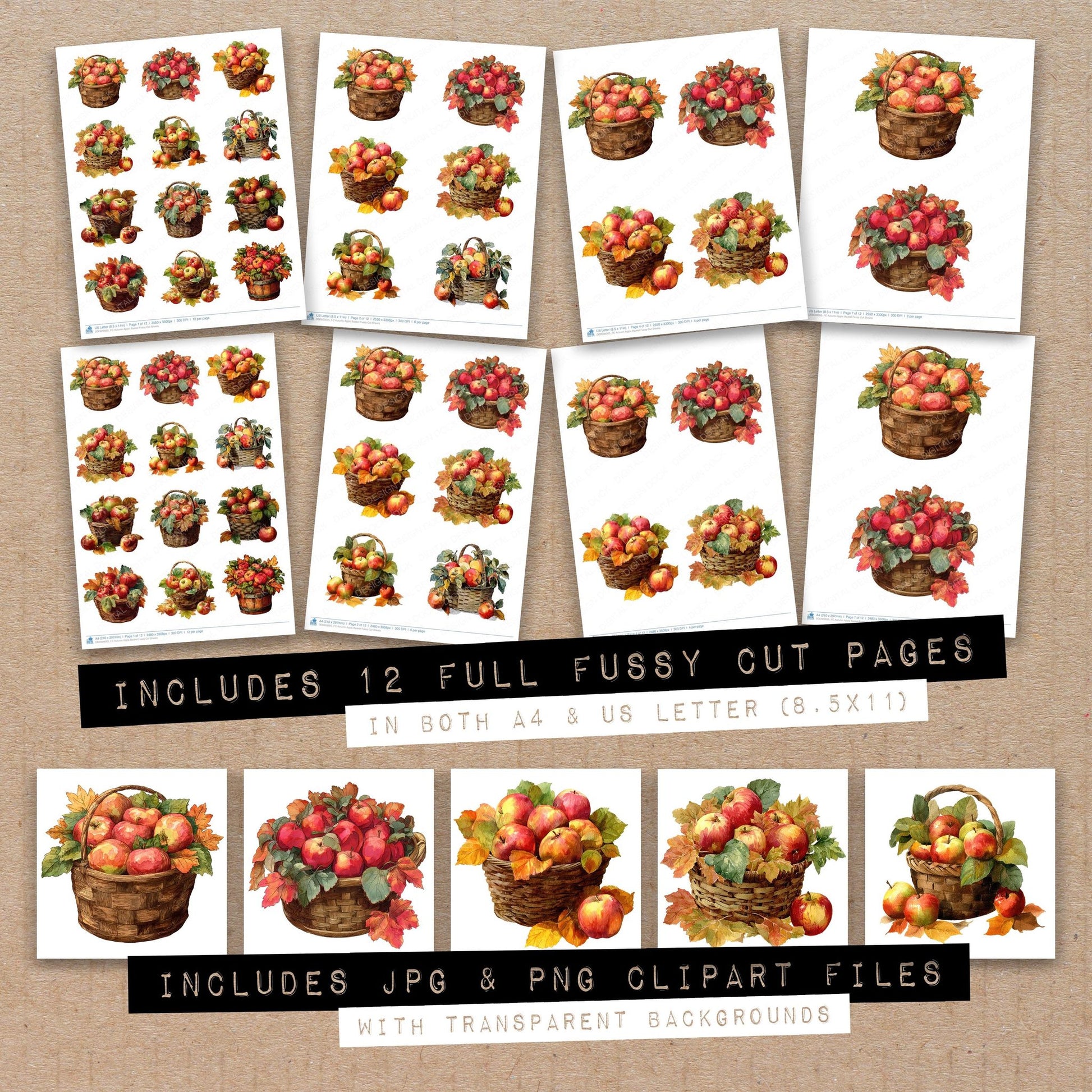 Full collection view of Autumn Apple Basket fussy cut sheets with bonus clipart JPG and PNG files