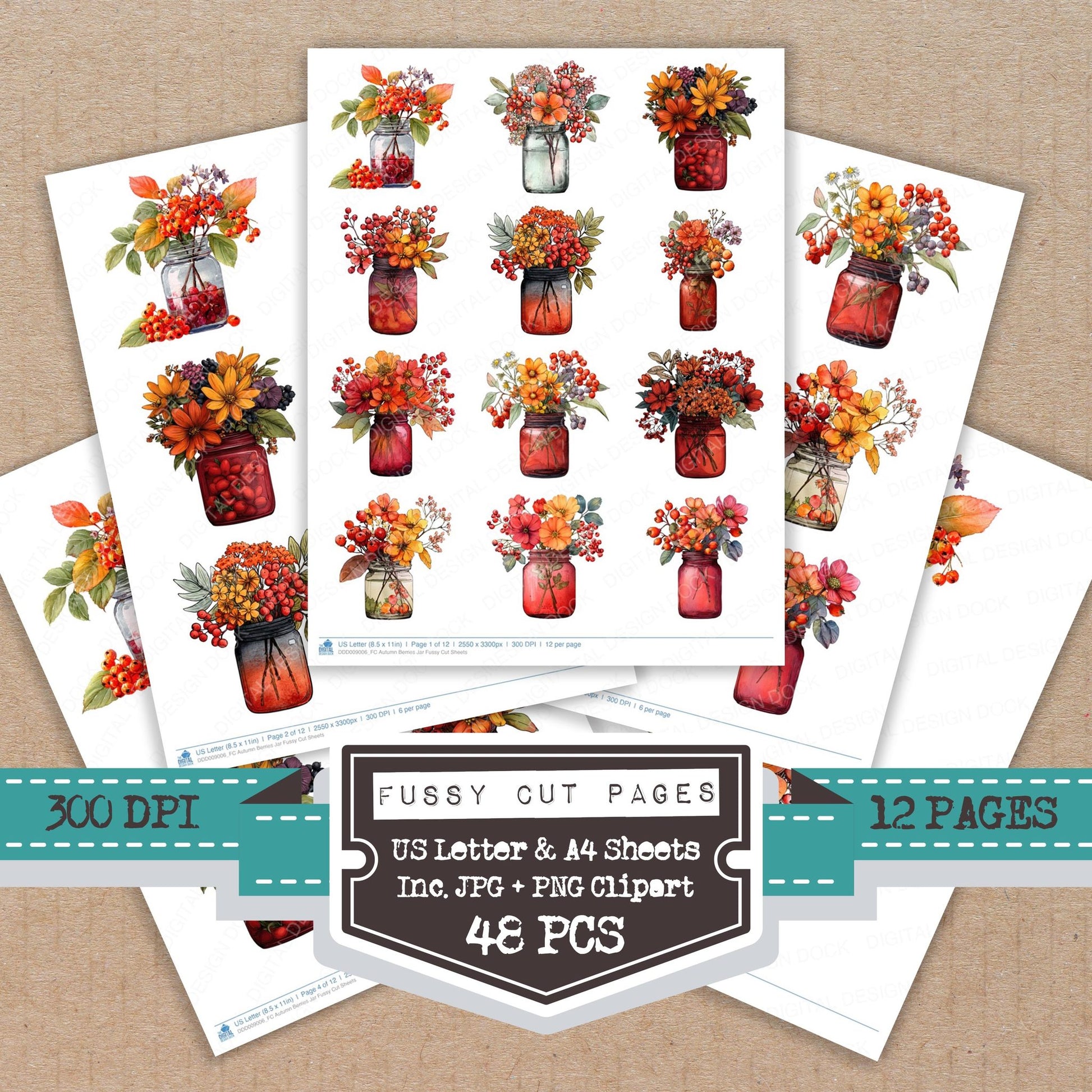 Autumn Berries Jar fussy cut printable sheets for junk journaling, scrapbooking, and paper craft projects