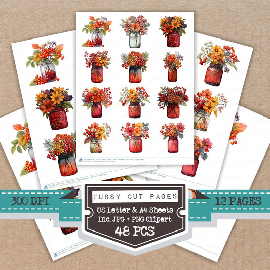 Autumn Berries Jar fussy cut printable sheets for junk journaling, scrapbooking, and paper craft projects