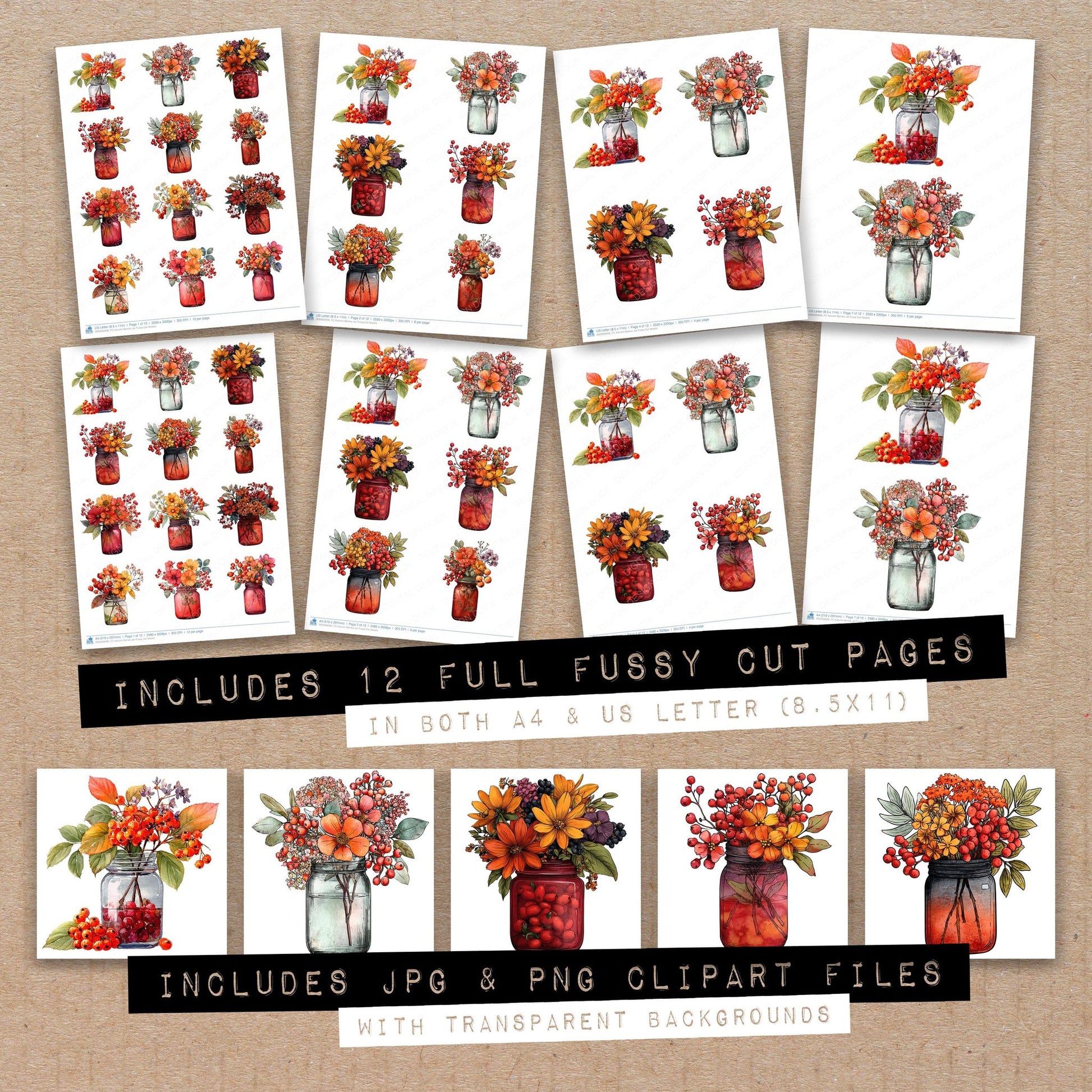 Full collection view of Autumn Berries Jar fussy cut sheets with bonus clipart JPG and PNG files