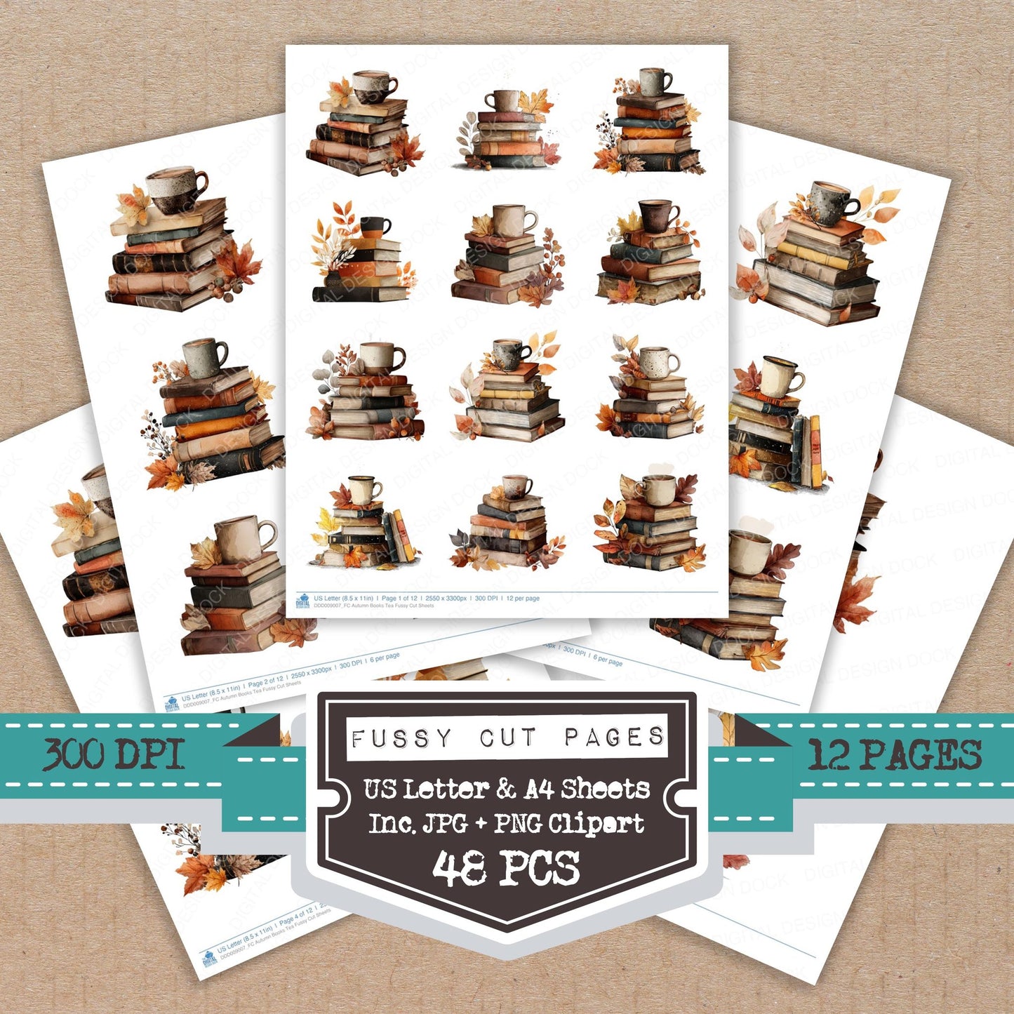 Autumn Books Tea fussy cut printable sheets for junk journaling, scrapbooking, and paper craft projects
