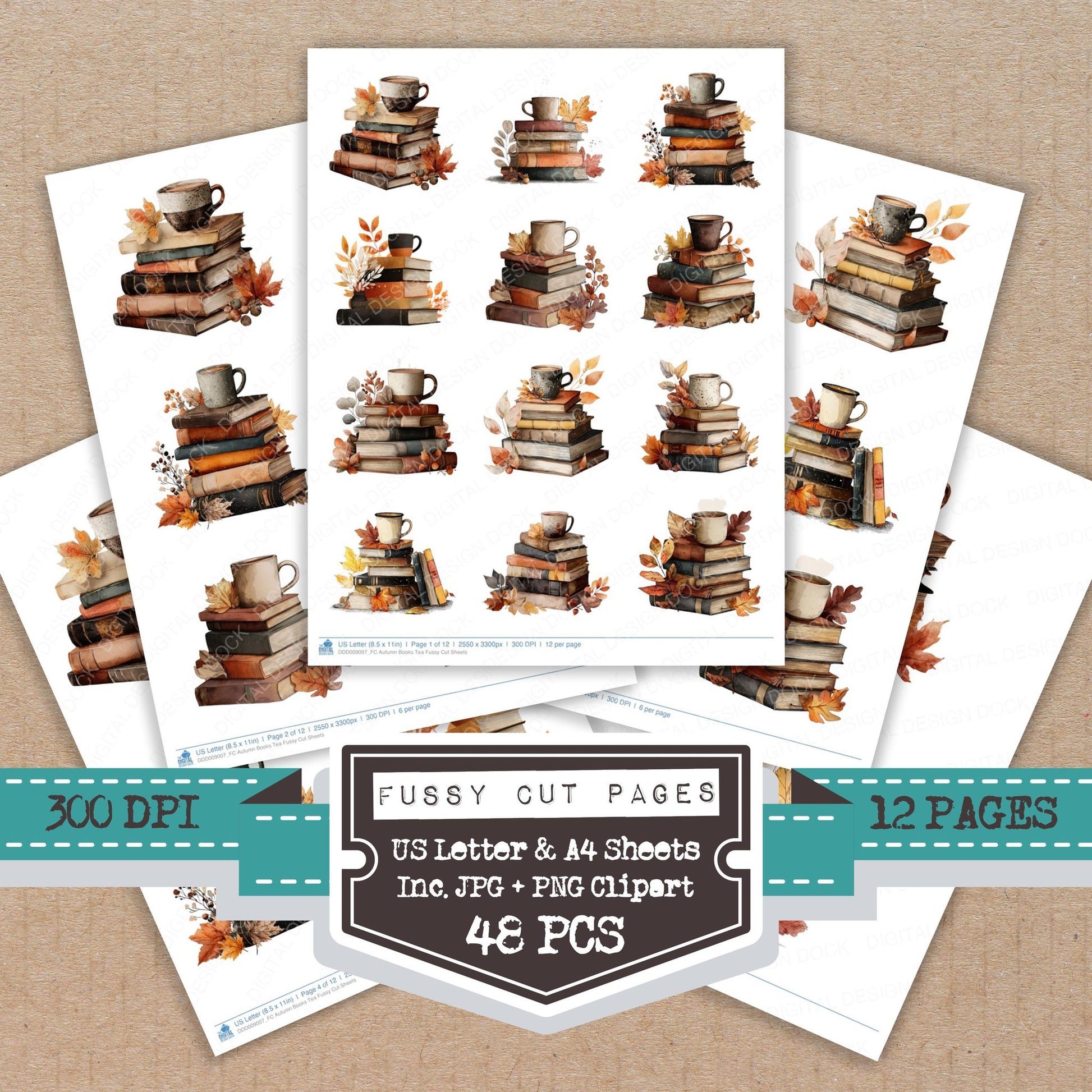 Autumn Books Tea fussy cut printable sheets for junk journaling, scrapbooking, and paper craft projects