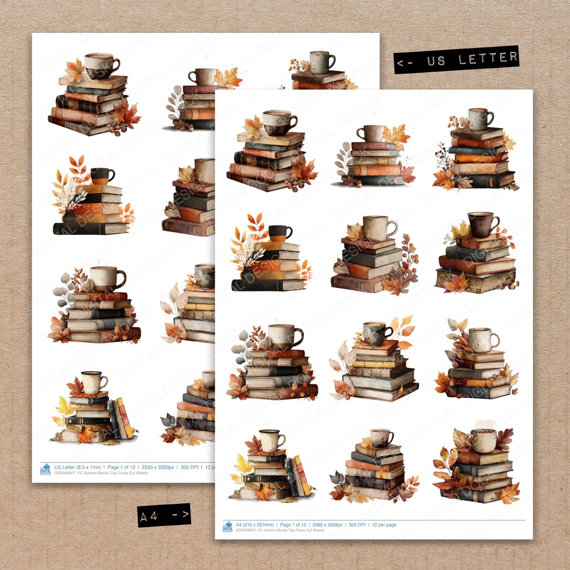 A4 and US Letter format comparison showing Autumn Books Tea fussy cut pages for print and cut crafting