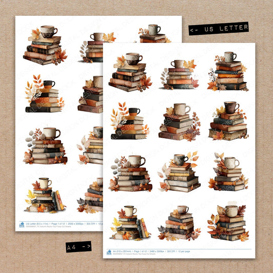 A4 and US Letter format comparison showing Autumn Books Tea fussy cut pages for print and cut crafting