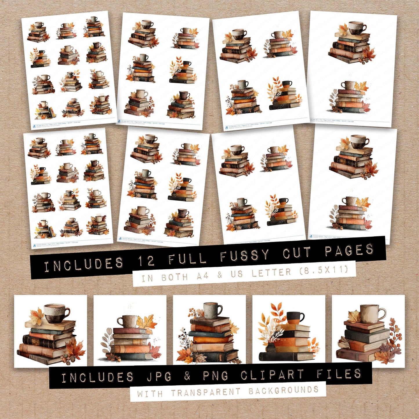 Full collection view of Autumn Books Tea fussy cut sheets with bonus clipart JPG and PNG files