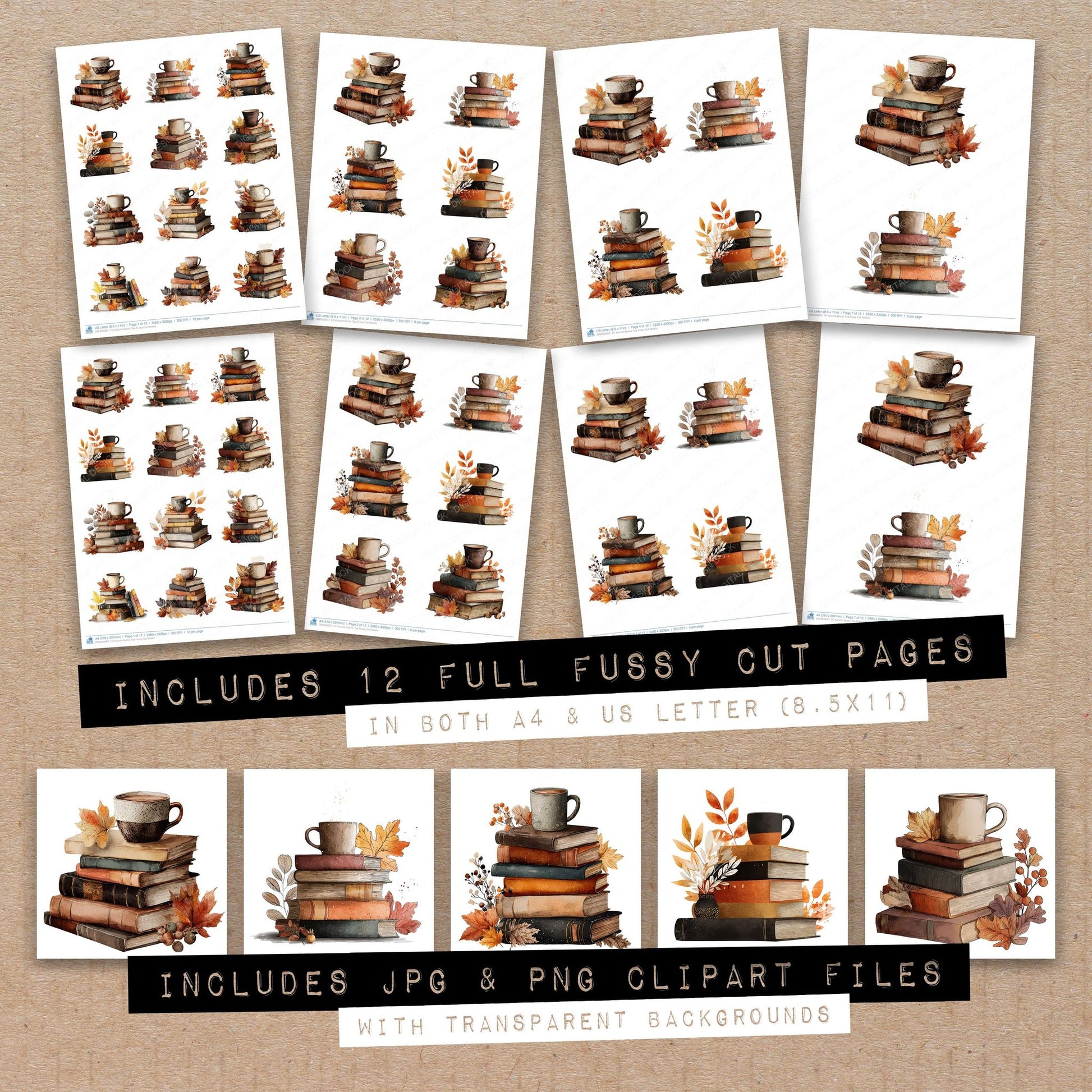 Full collection view of Autumn Books Tea fussy cut sheets with bonus clipart JPG and PNG files