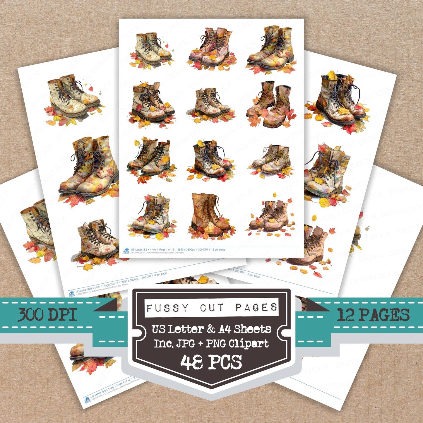 Autumn Boots Leaves fussy cut printable sheets for junk journaling, scrapbooking, and paper craft projects