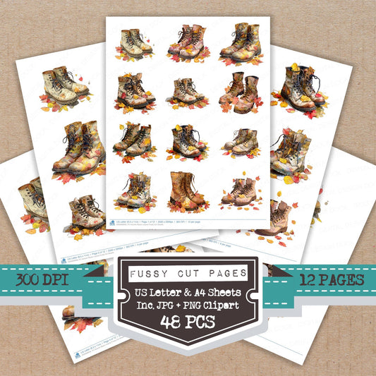 Autumn Boots Leaves fussy cut printable sheets for junk journaling, scrapbooking, and paper craft projects