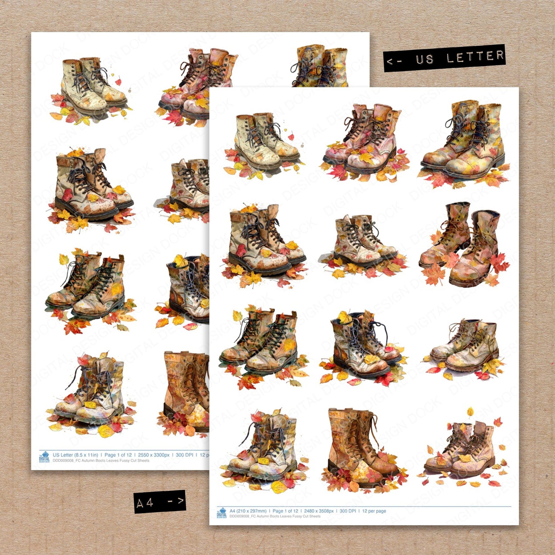 A4 and US Letter format comparison showing Autumn Boots Leaves fussy cut pages for print and cut crafting