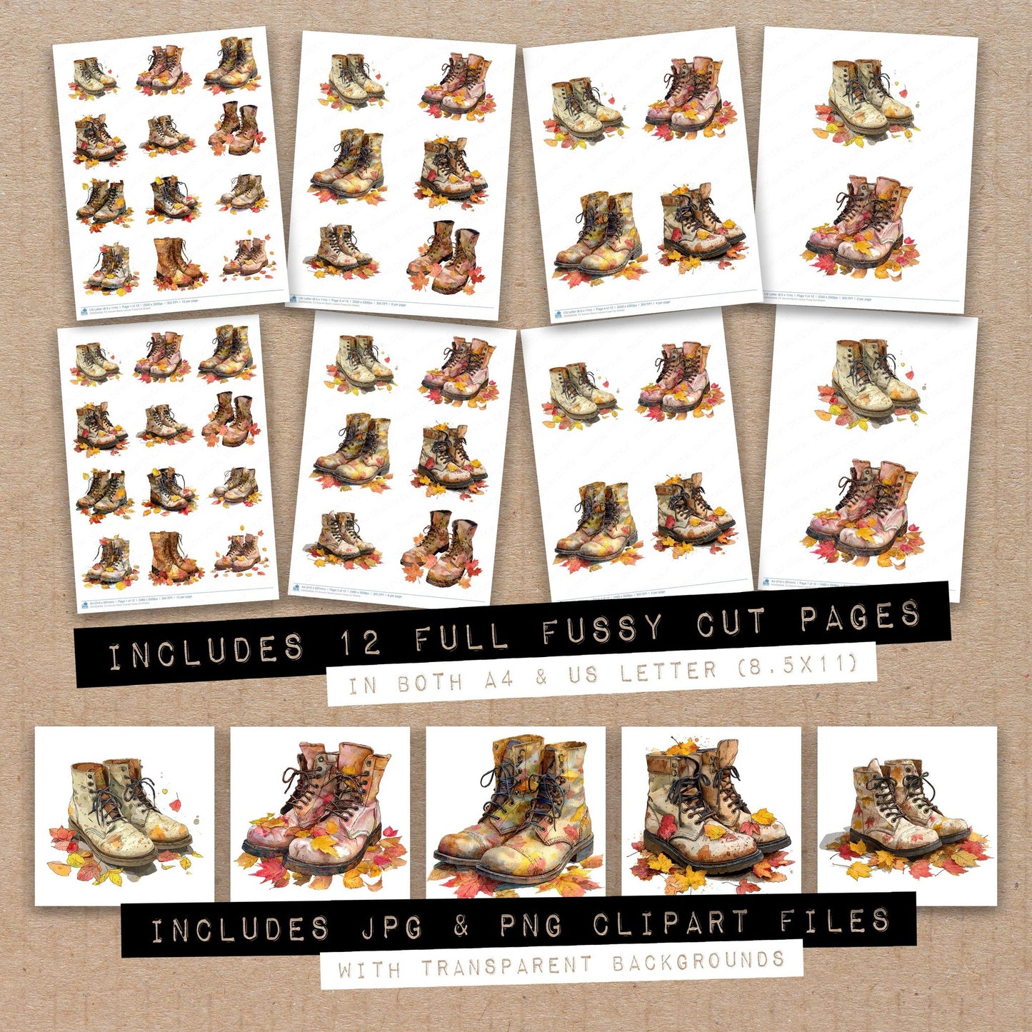 Full collection view of Autumn Boots Leaves fussy cut sheets with bonus clipart JPG and PNG files