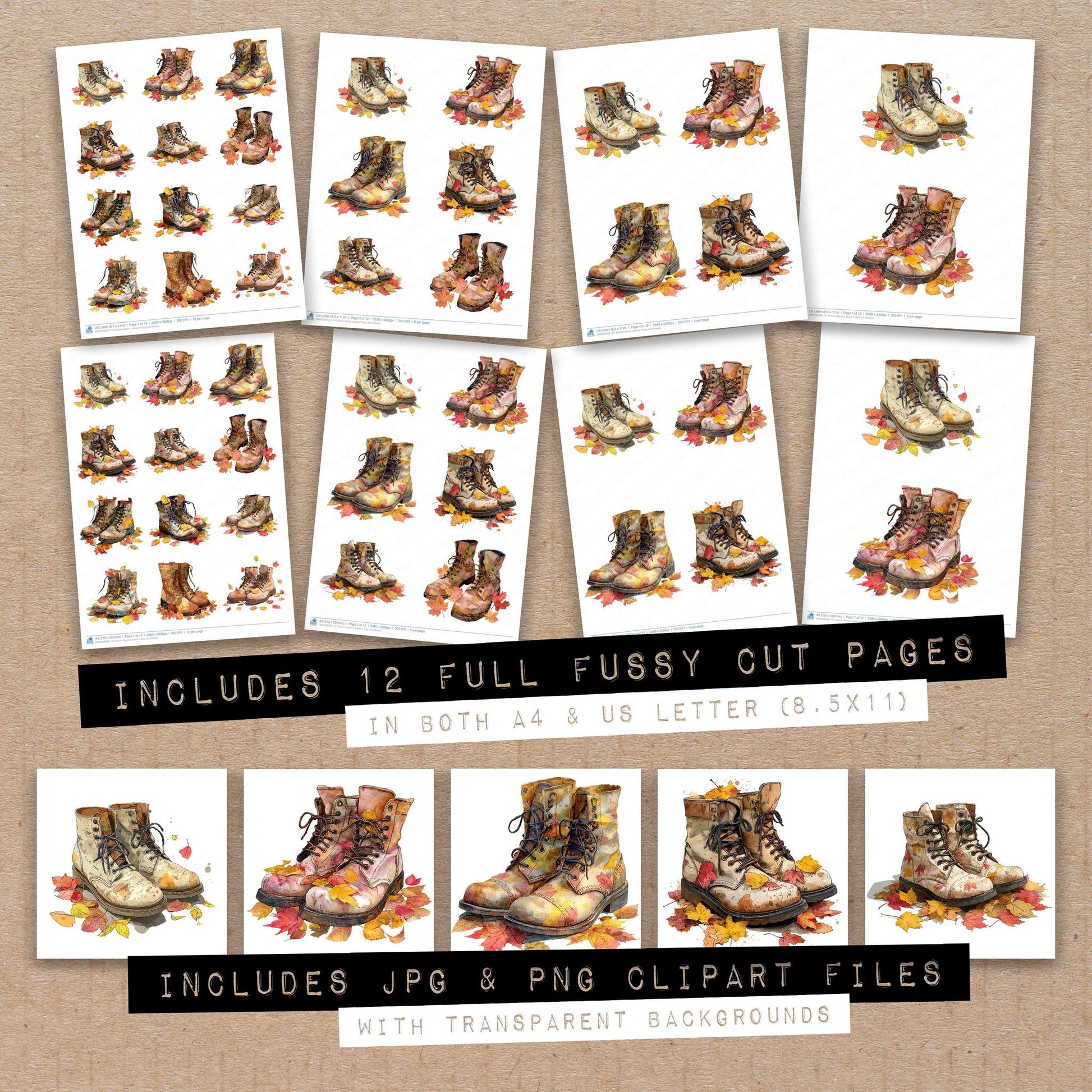 Full collection view of Autumn Boots Leaves fussy cut sheets with bonus clipart JPG and PNG files