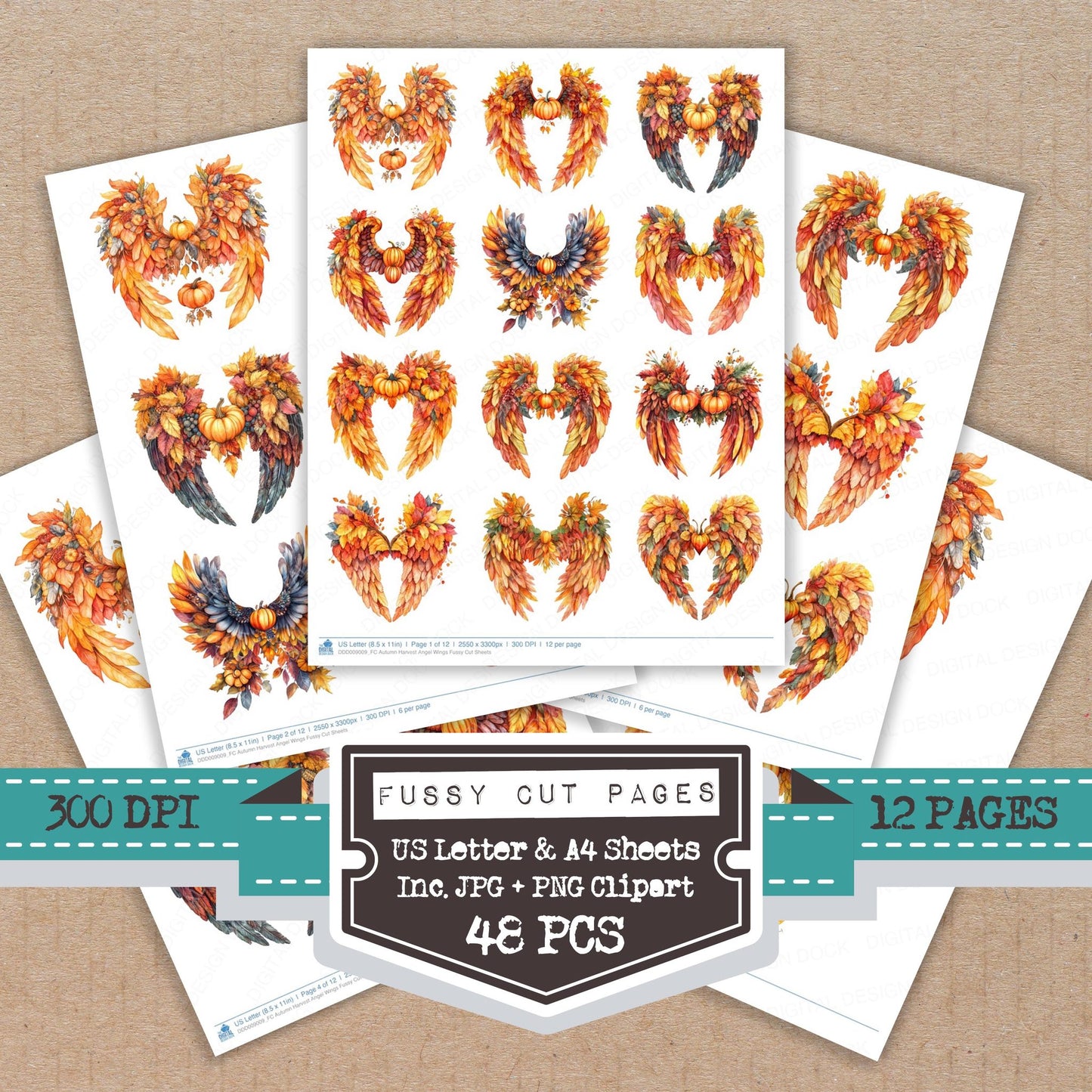 Autumn Harvest Angel Wings fussy cut printable sheets for junk journaling, scrapbooking, and paper craft projects