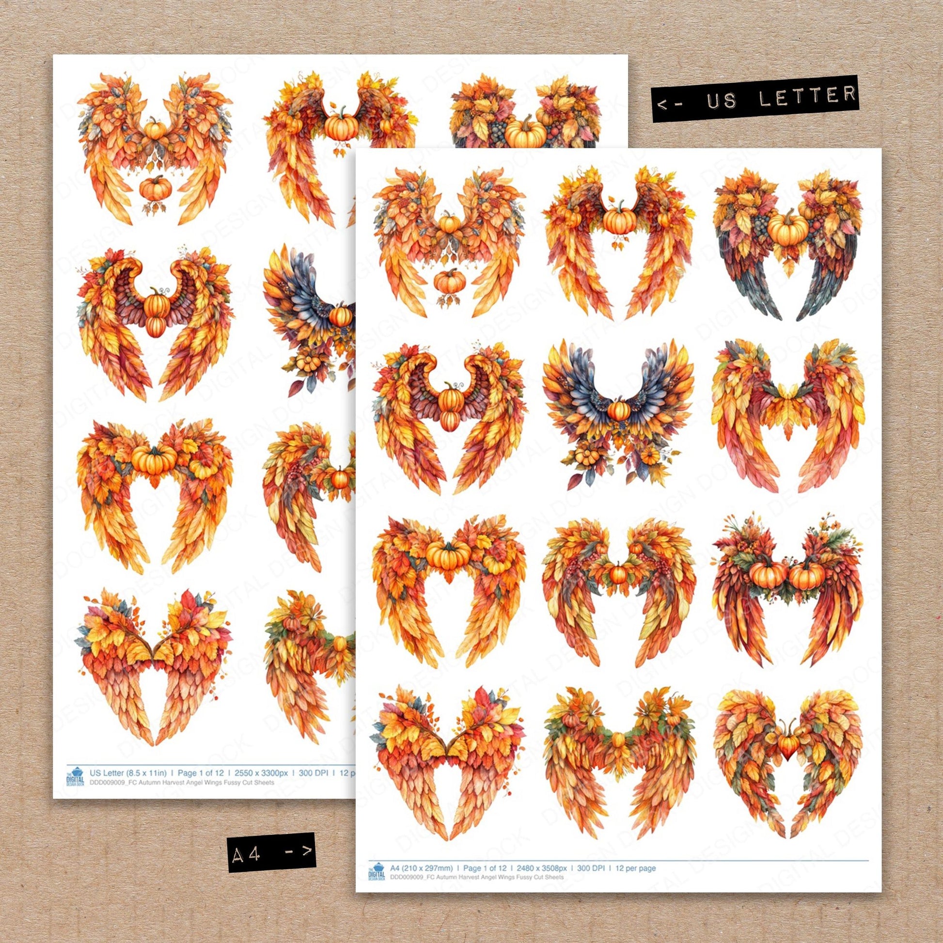 A4 and US Letter format comparison showing Autumn Harvest Angel Wings fussy cut pages for print and cut crafting