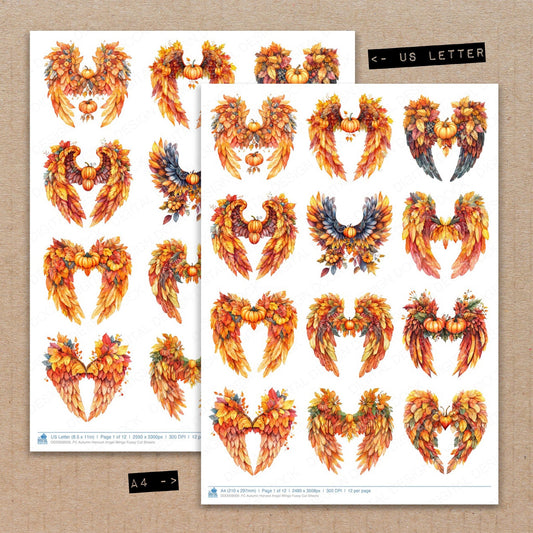 A4 and US Letter format comparison showing Autumn Harvest Angel Wings fussy cut pages for print and cut crafting