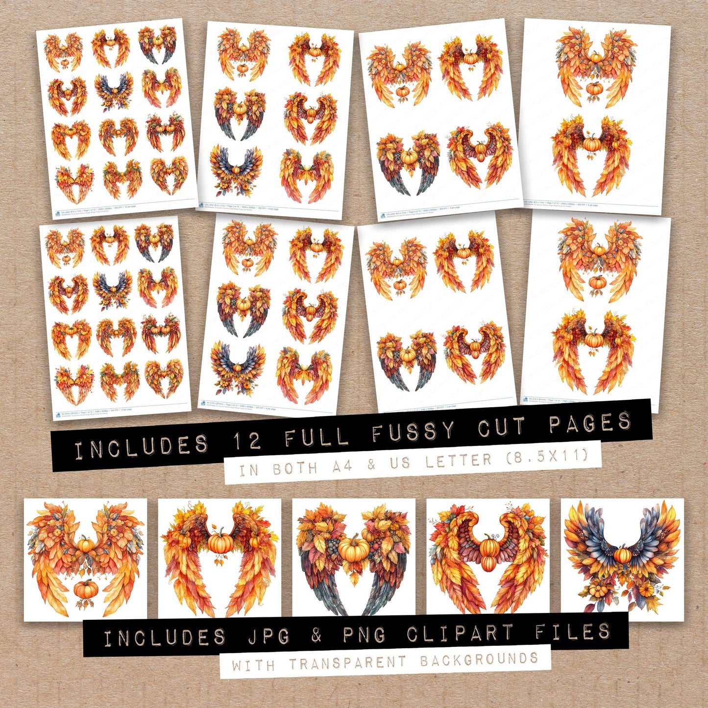Full collection view of Autumn Harvest Angel Wings fussy cut sheets with bonus clipart JPG and PNG files