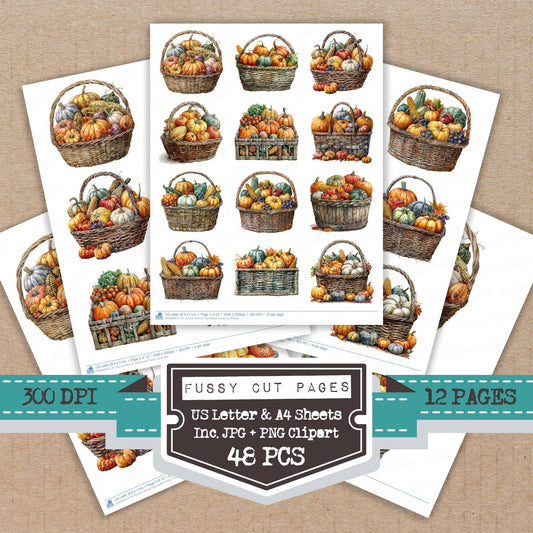 Autumn Harvest Veg Basket fussy cut printable sheets for junk journaling, scrapbooking, and paper craft projects