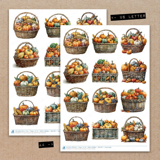 A4 and US Letter format comparison showing Autumn Harvest Veg Basket fussy cut pages for print and cut crafting