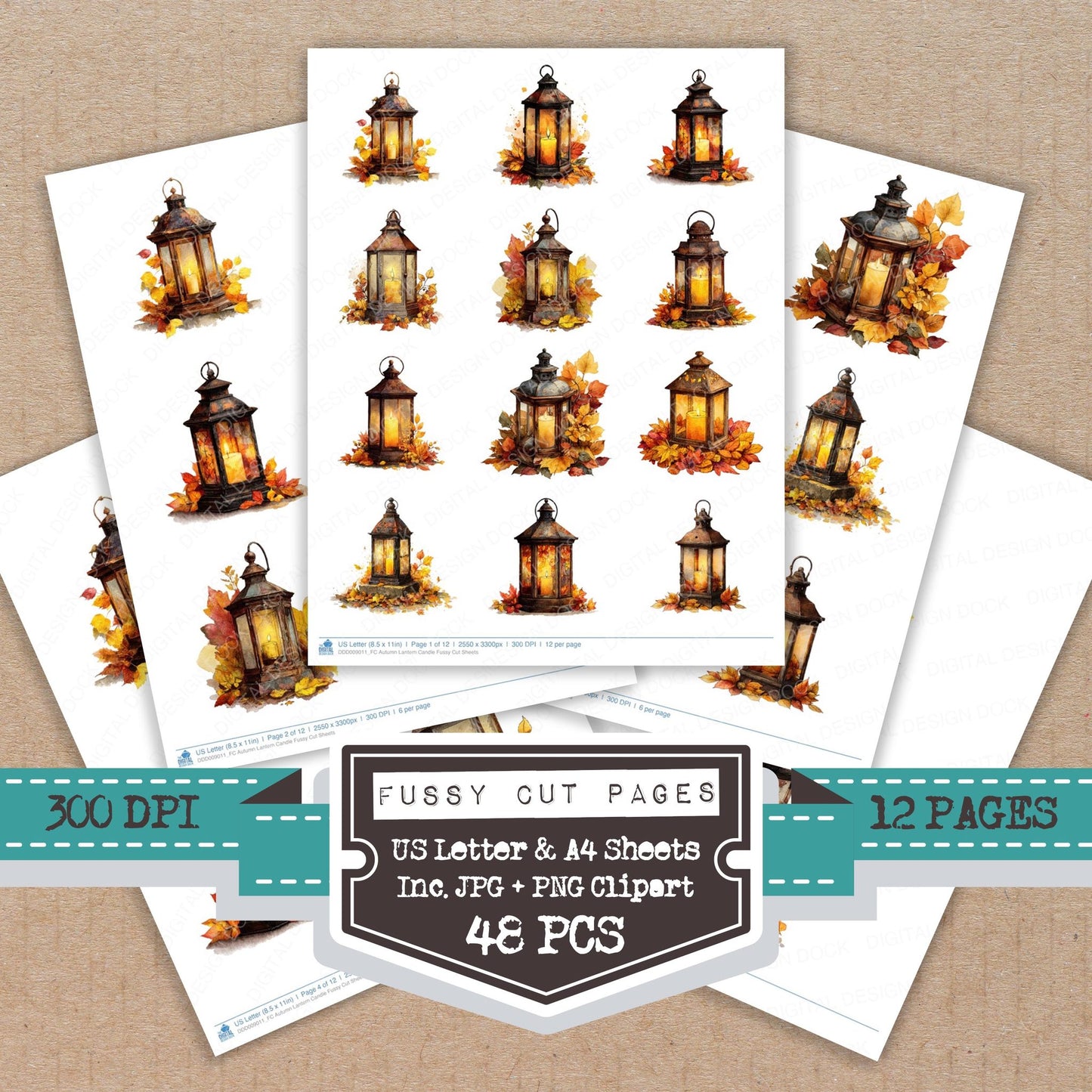 Autumn Lantern Candle fussy cut printable sheets for junk journaling, scrapbooking, and paper craft projects