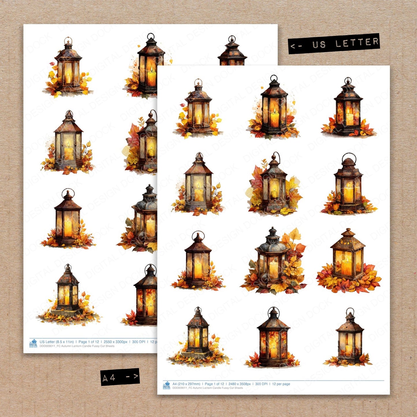 A4 and US Letter format comparison showing Autumn Lantern Candle fussy cut pages for print and cut crafting