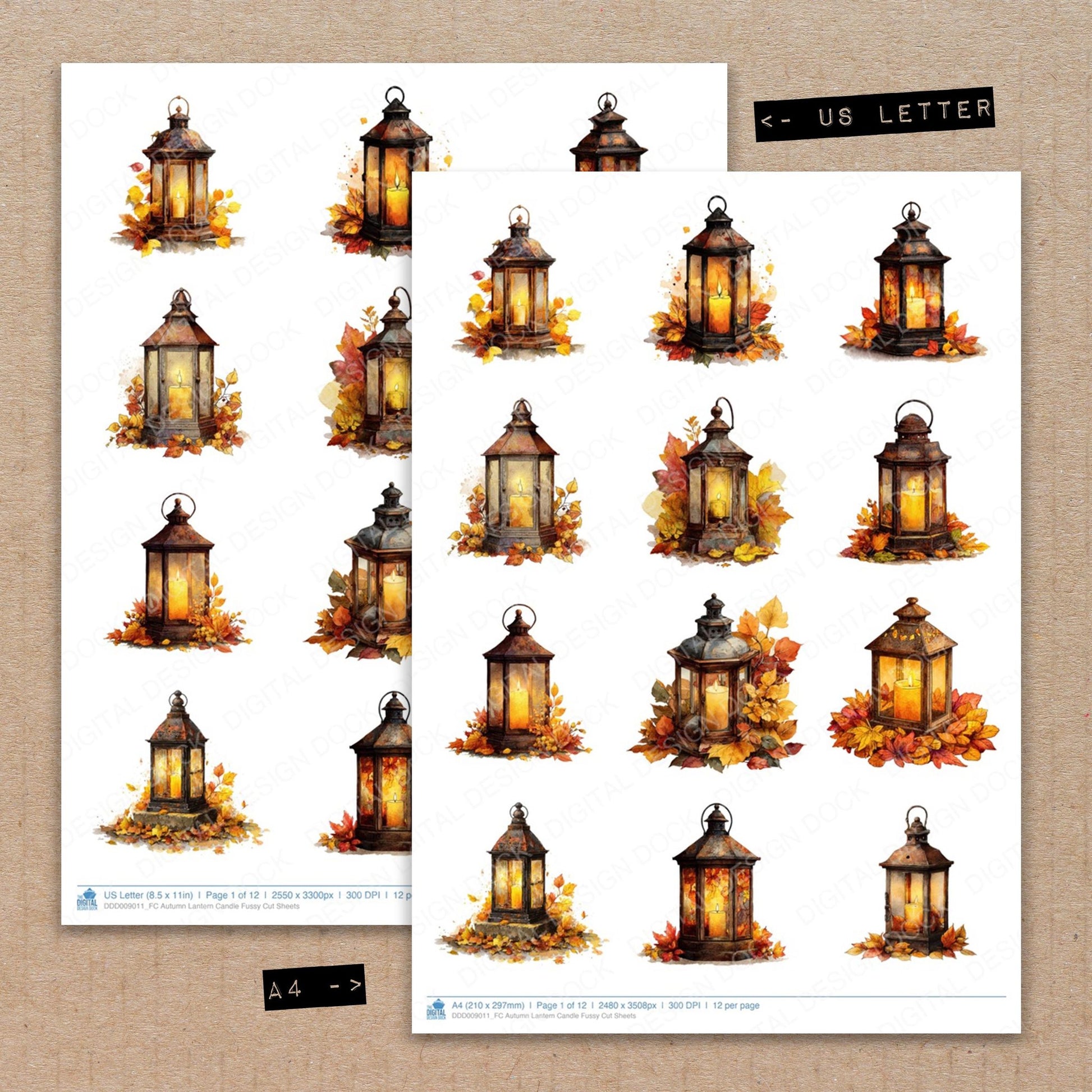 A4 and US Letter format comparison showing Autumn Lantern Candle fussy cut pages for print and cut crafting