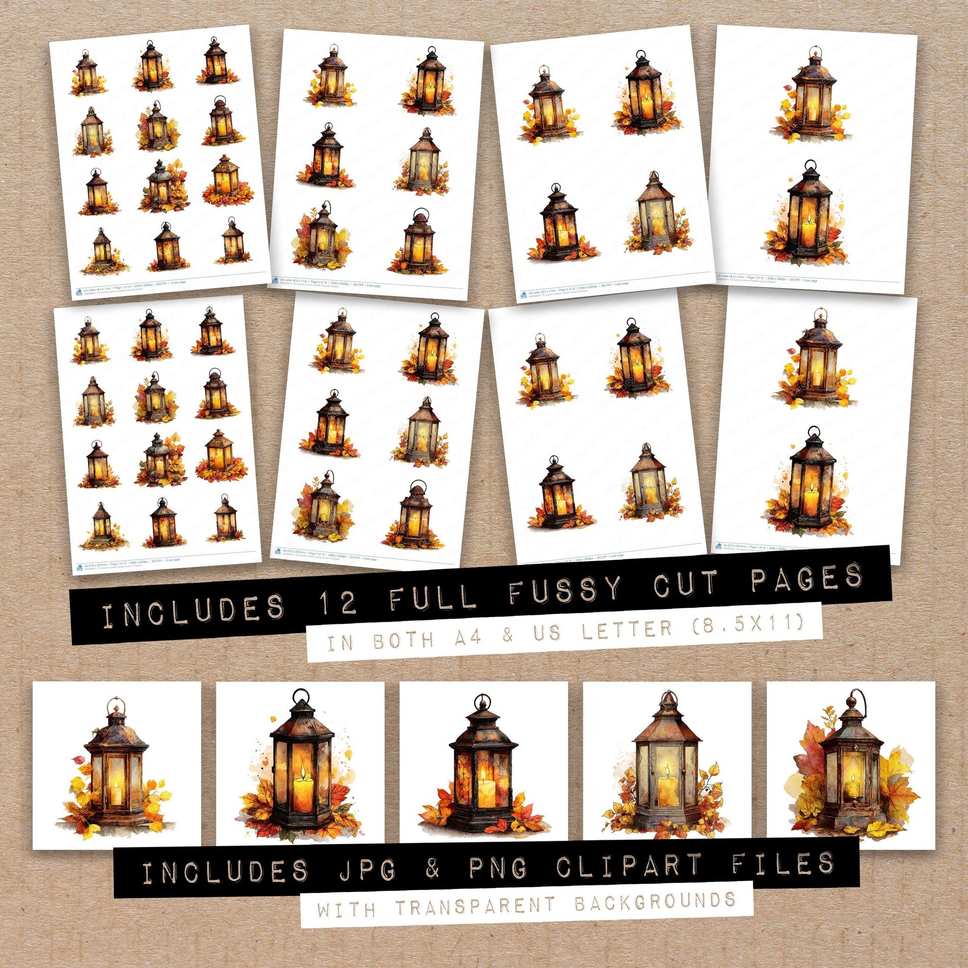 Full collection view of Autumn Lantern Candle fussy cut sheets with bonus clipart JPG and PNG files