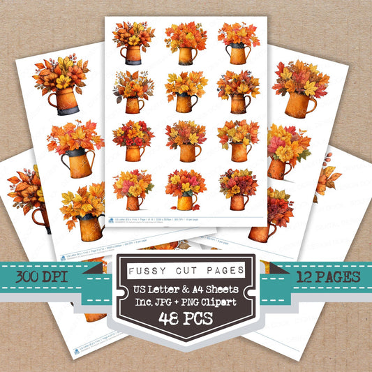 Autumn Leaves Tin Jug fussy cut printable sheets for junk journaling, scrapbooking, and paper craft projects