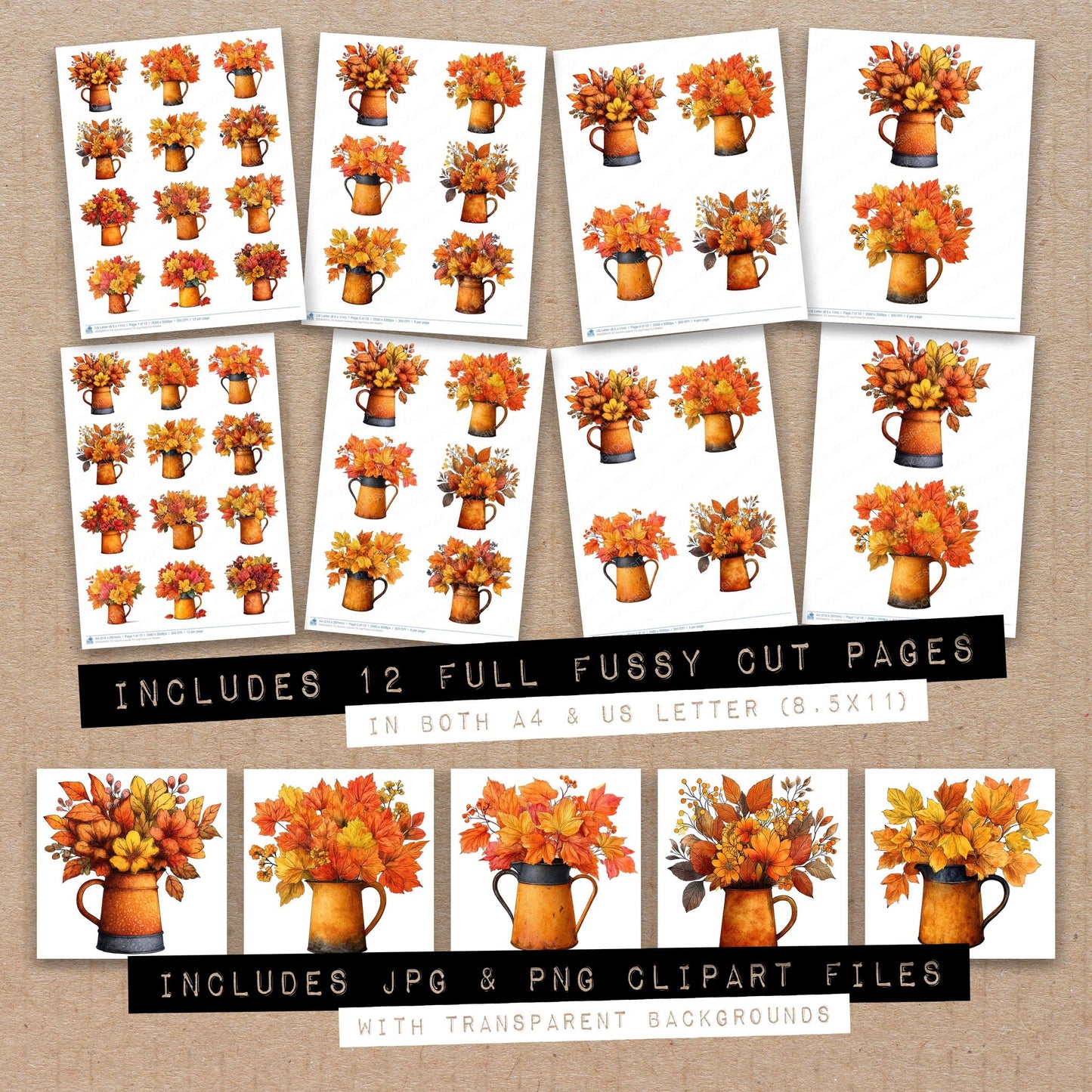 Full collection view of Autumn Leaves Tin Jug fussy cut sheets with bonus clipart JPG and PNG files