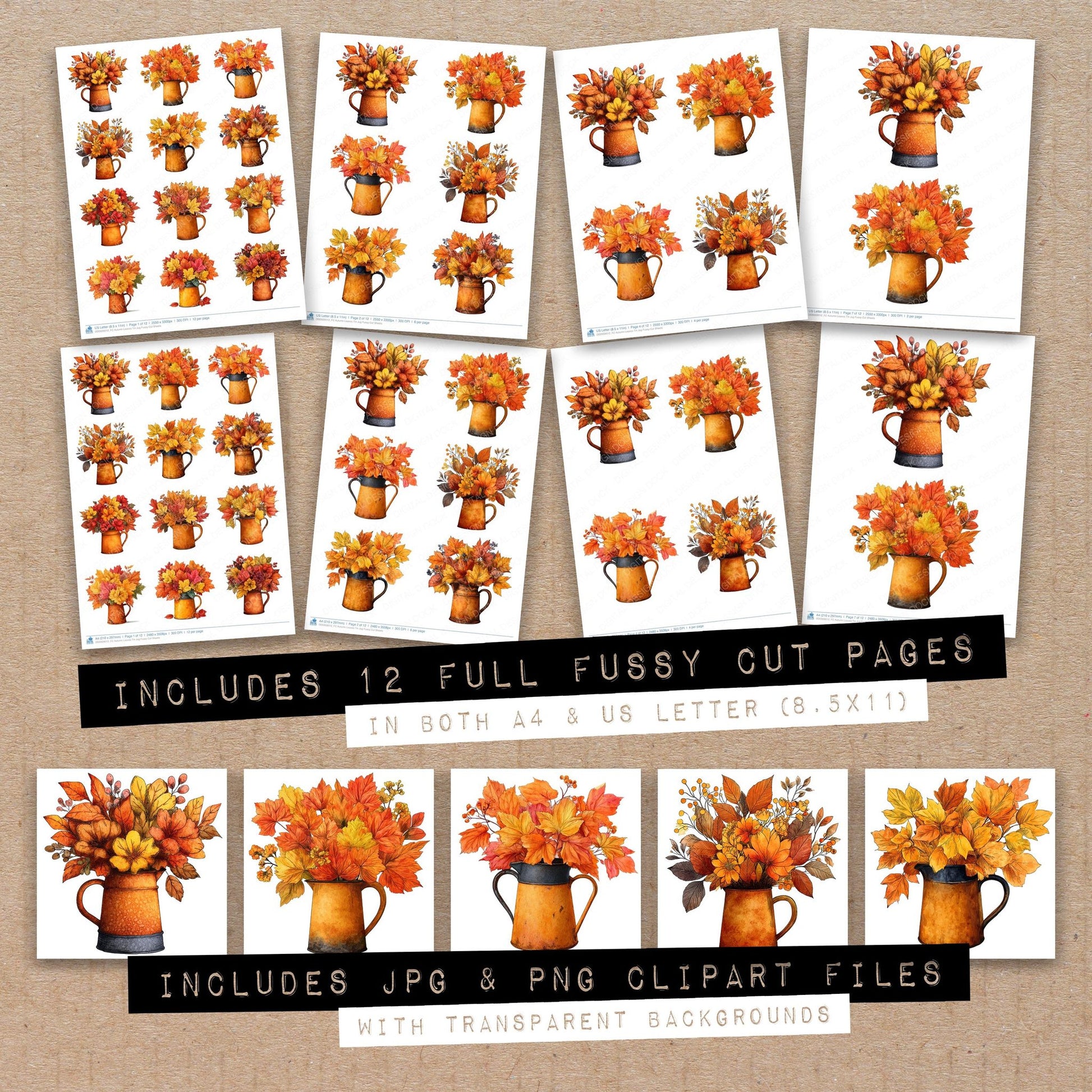 Full collection view of Autumn Leaves Tin Jug fussy cut sheets with bonus clipart JPG and PNG files