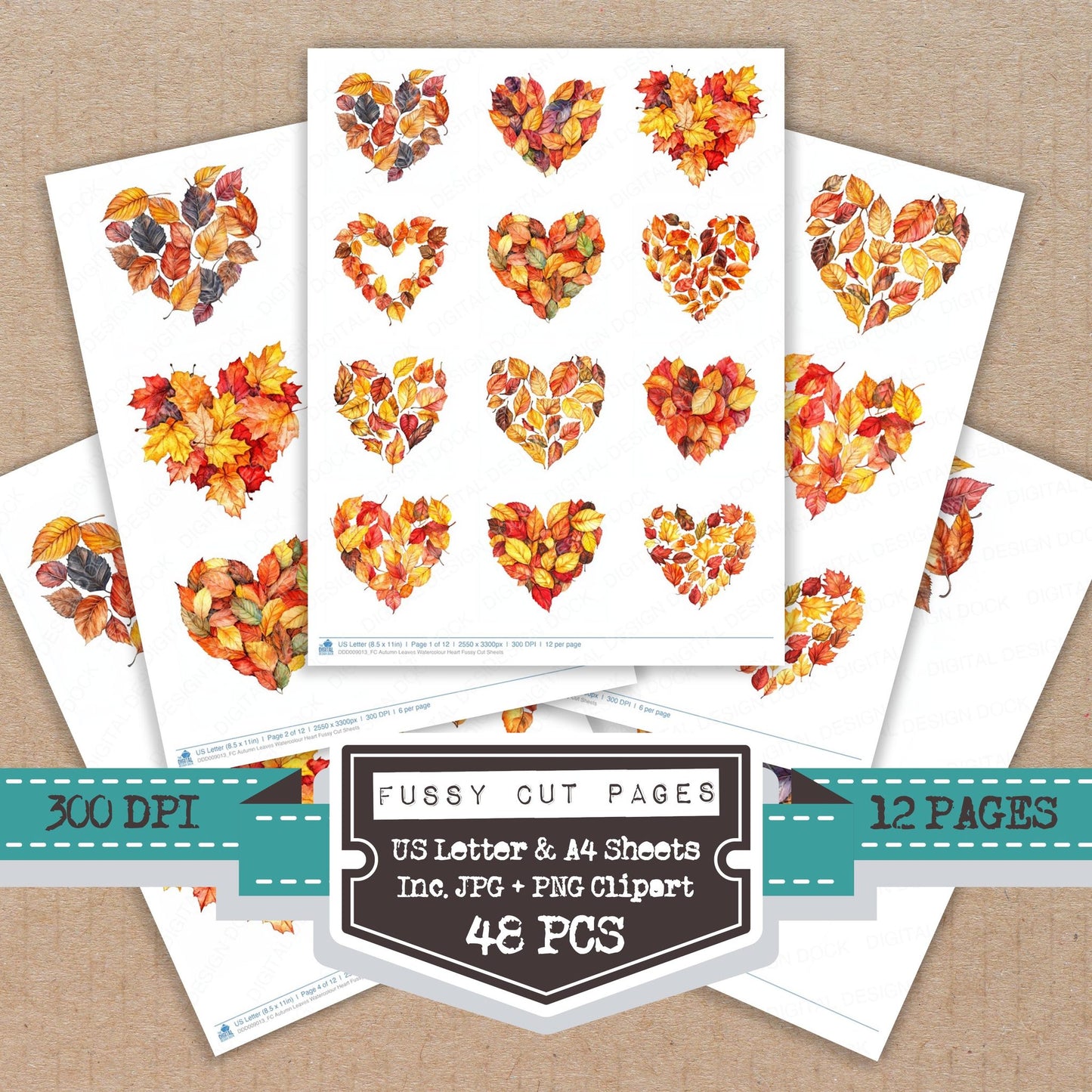 Autumn Leaves Watercolour Heart fussy cut printable sheets for junk journaling, scrapbooking, and paper craft projects