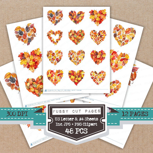 Autumn Leaves Watercolour Heart fussy cut printable sheets for junk journaling, scrapbooking, and paper craft projects