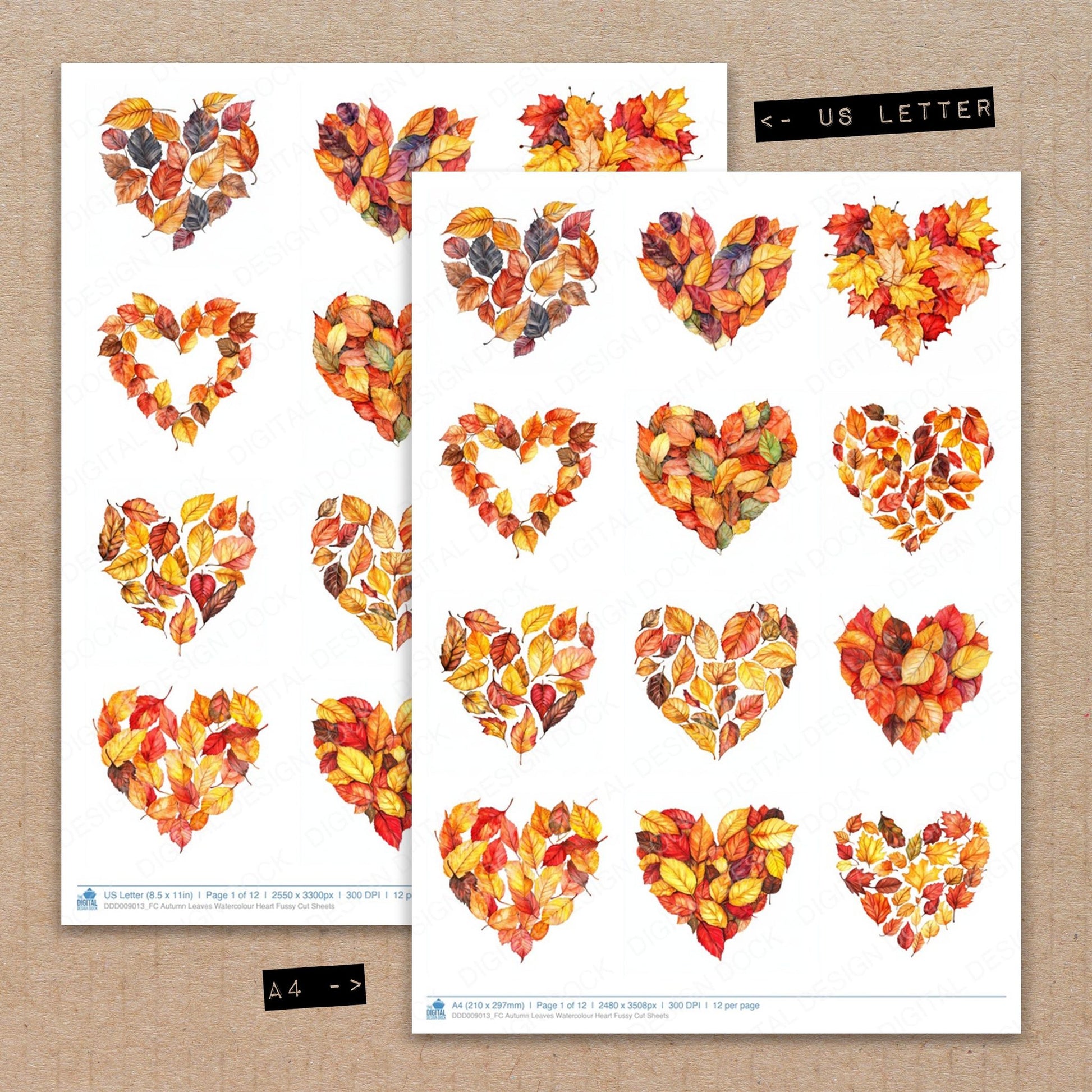 A4 and US Letter format comparison showing Autumn Leaves Watercolour Heart fussy cut pages for print and cut crafting