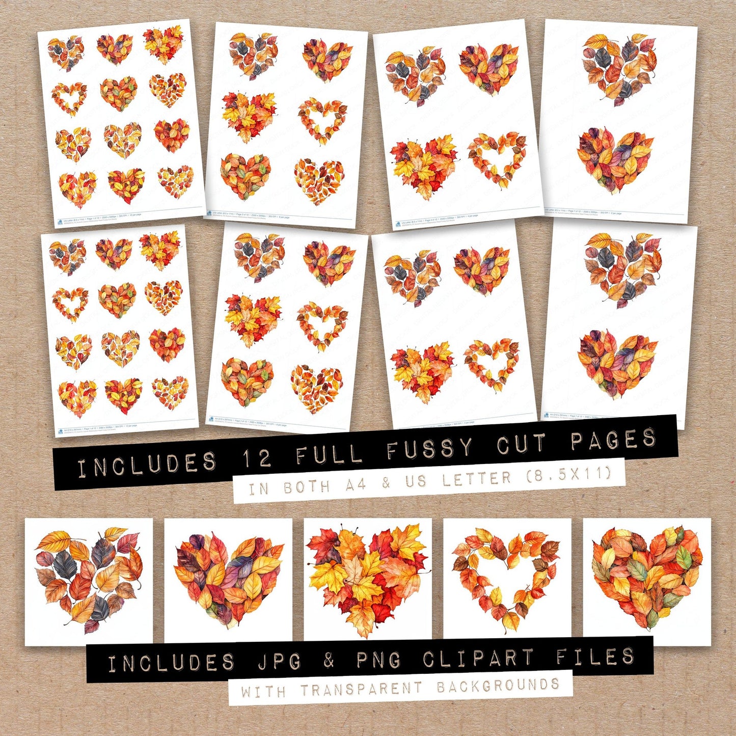 Full collection view of Autumn Leaves Watercolour Heart fussy cut sheets with bonus clipart JPG and PNG files